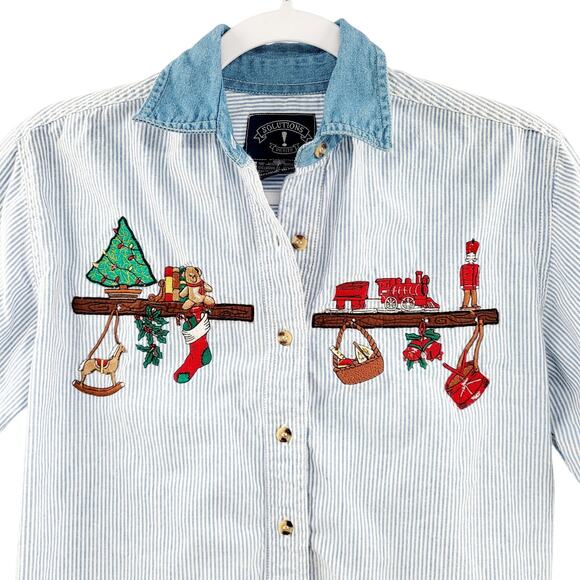 Solutions Tops - Vintage Solutions Blue & White Christmas Embroidered Striped Polo Shirt Womens S